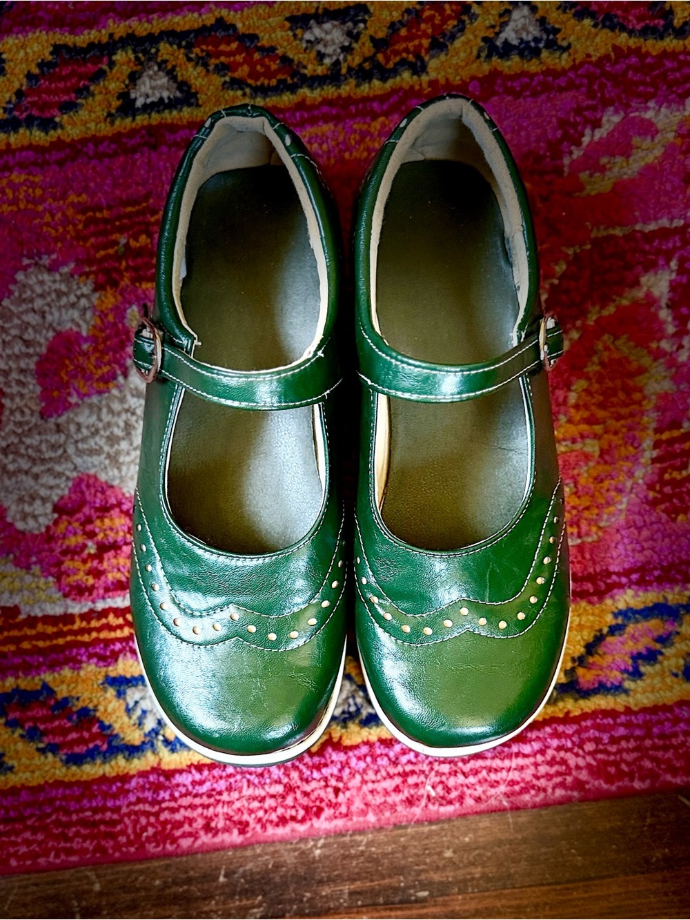 Women’s Green Mary Jane Flats with Decorative Brogue Details - Picture 3 of 6